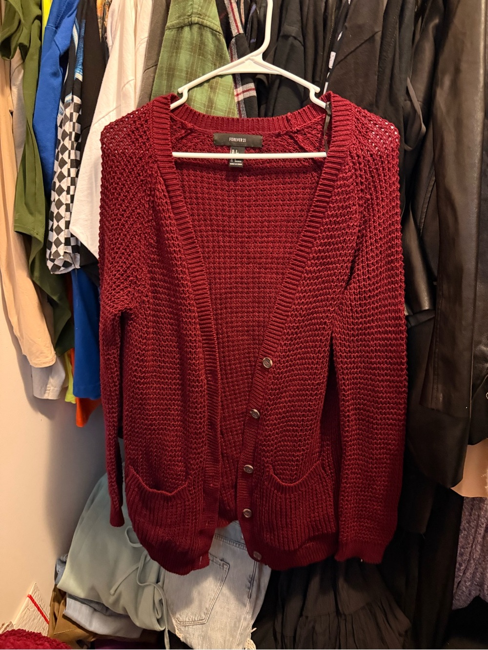 Forever 21 Burgundy Open-Knit Button Cardigan